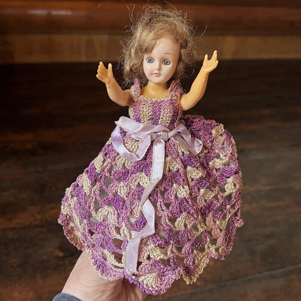 Vtg 8" Hard Plastic Sleepy Eyes Doll in Crocheted Dress, Slip, Bloomers & Shoes